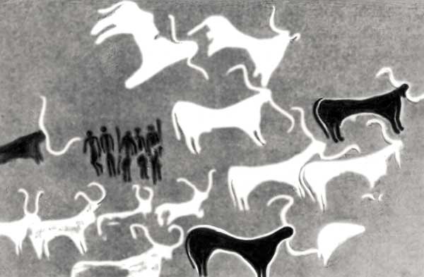 Стилизованные изображения быков.  Наскальная роспись близ Кэроры.